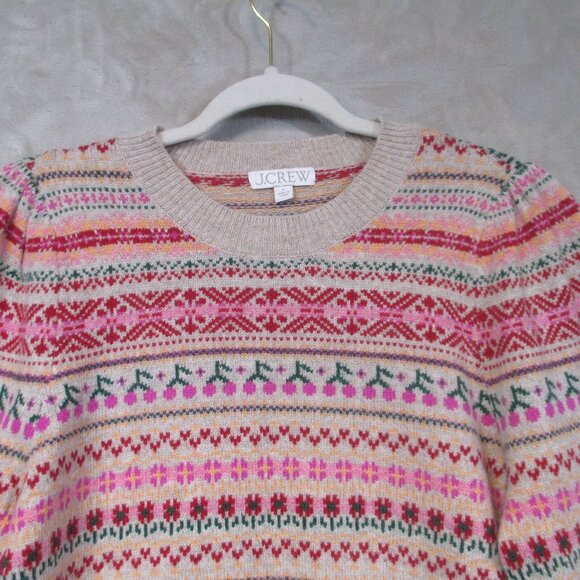 J. CREW Puff-Sleeve Fair Isle Crewneck Sweater Cherry Print Tan Pink Sz Large - Picture 5 of 12
